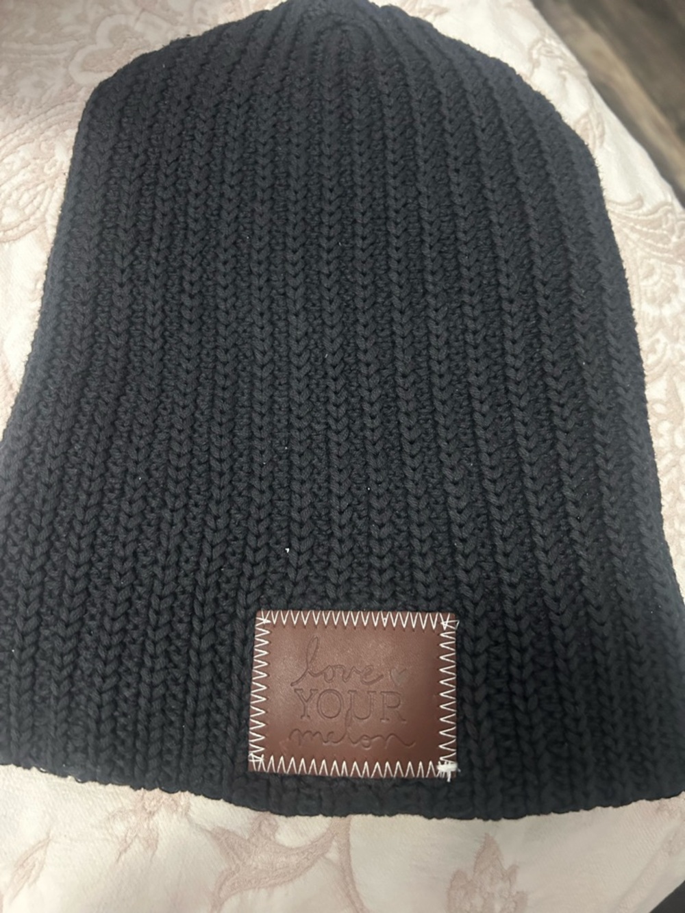 Love Your Melon Black Ribbed Knit Beanie with Leather Patch